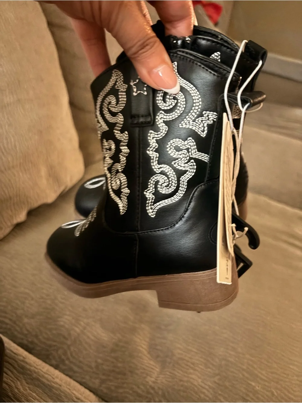PAWZ Black Kids Cowboy Boots with White Stitching